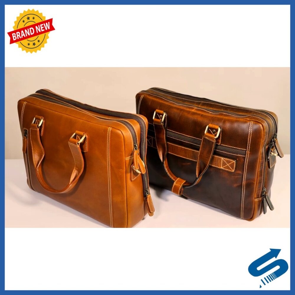 Full Grain Leather Messenger Bag Laptop Briefcase Satchel Twin Compartment - Picture 7 of 7